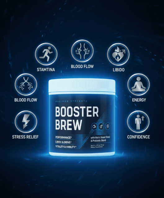 Booster Brew plant-based supplement bottle shown as a daily vitality support formula for adult men